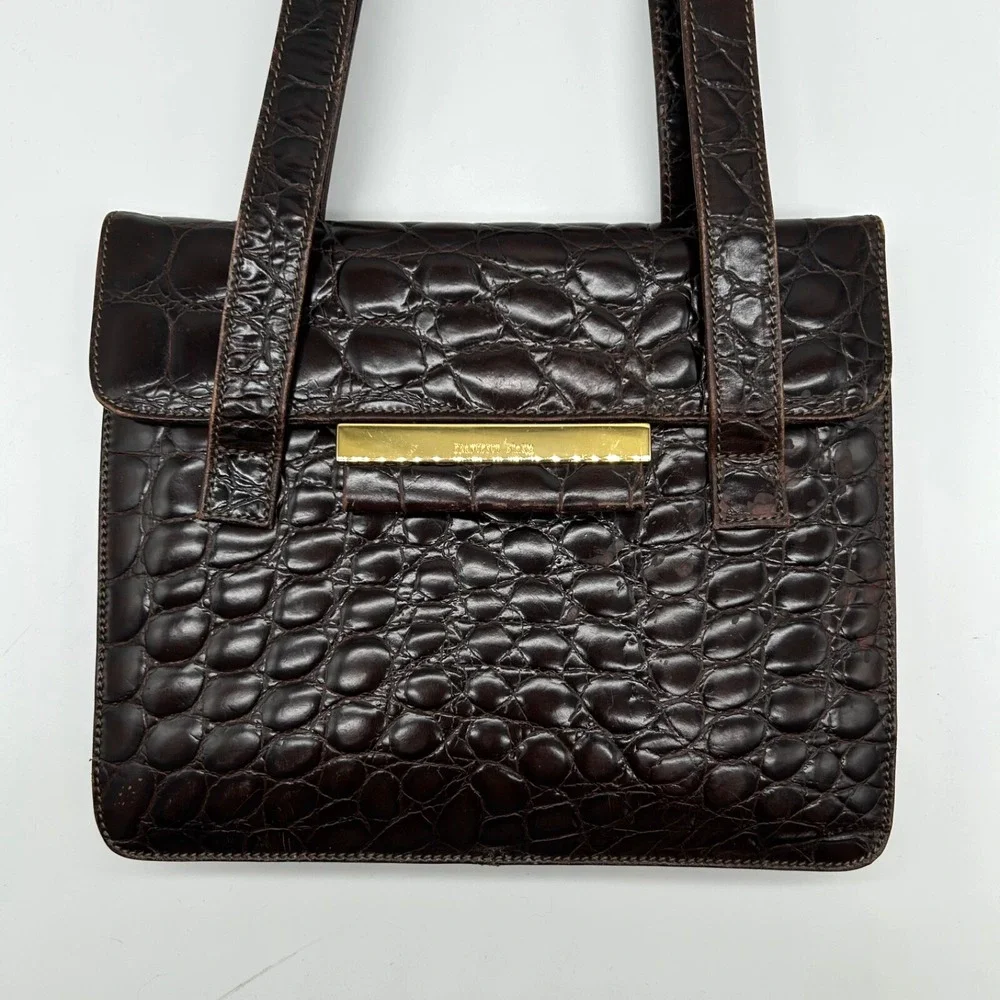 Francesco Biasia Italy Leather Croc Embossed Handbag Shoulder Bag Brown Vintage